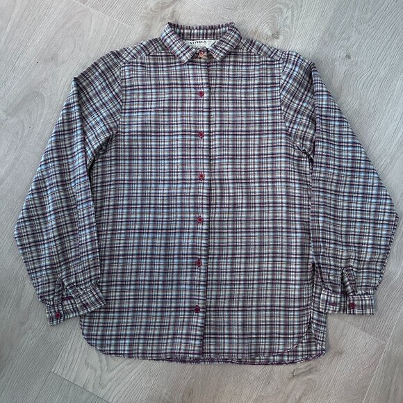 Vintage Viyella Wool Plaid Check Button Down Shirt sz S/M -Burgundy - Picture 2 of 11
